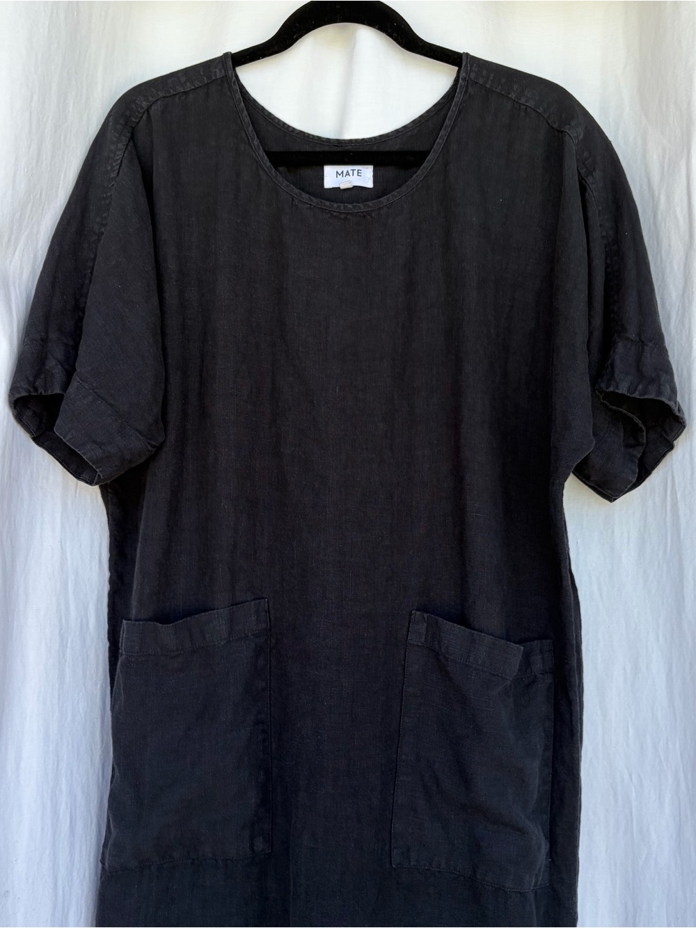 MATE the Label Black 100% Organic Linen Midi Dress w/ Front Pockets, Boho Summer